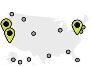 Map of Earthjustice’s office locations, with the Washington, D.C., San Francisco, and Los Angeles locations highlighted.